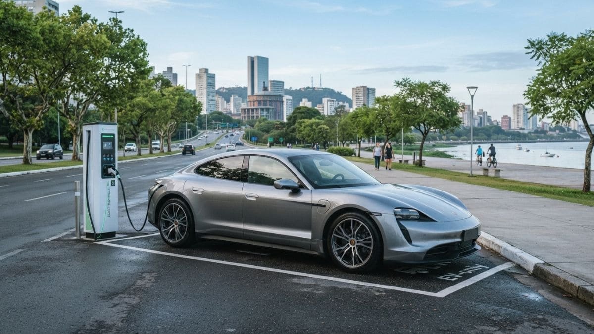 Fotografia de um Porsche Taycan cinza-prata estacionado em uma vaga de recarga na Orla do Guaíba, em Porto Alegre. O veículo está conectado a uma estação de carregamento rápida enquanto pedestres e ciclistas passeiam ao fundo, ilustrando o cenário da mobilidade e a dúvida se Carro Elétrico Paga IPVA no RS.