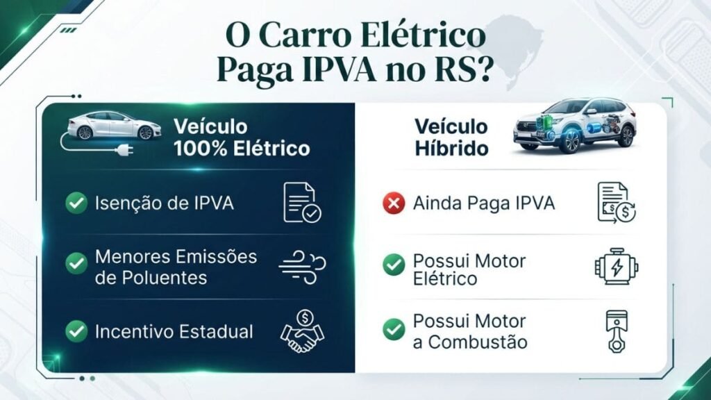 Infográfico com duas colunas comparativas com o título "O Carro Elétrico Paga IPVA no RS?". De um lado, em fundo escuro, o veículo 100% elétrico é destacado com isenção de IPVA, menores emissões e incentivo estadual; do outro, em fundo claro, o veículo híbrido é indicado como pagador de IPVA por possuir também motor a combustão.