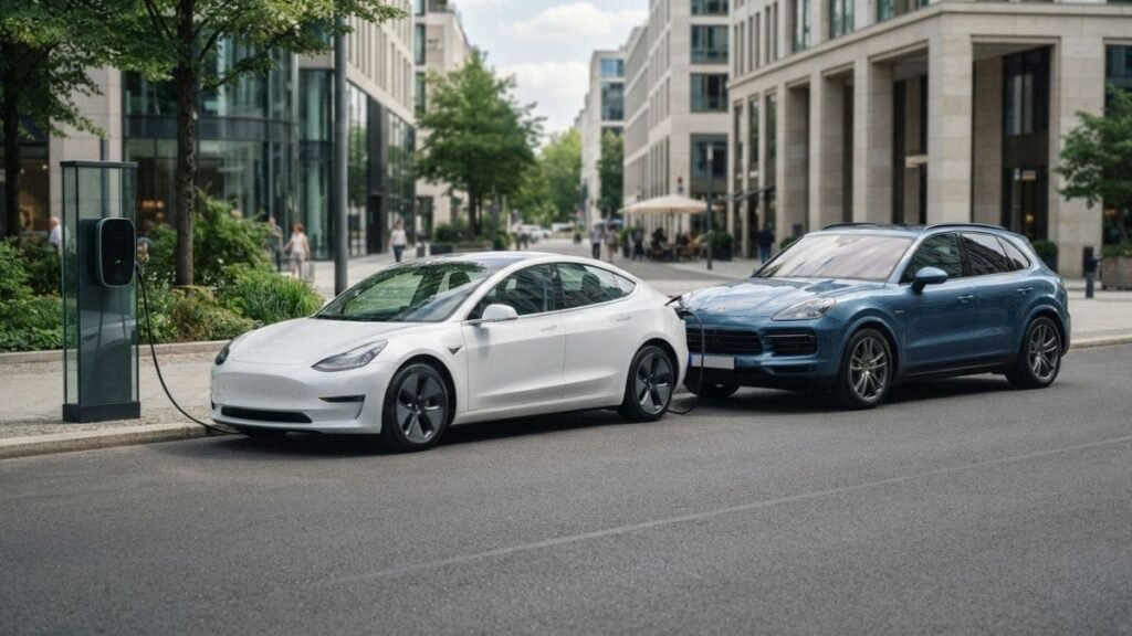Fotografia de dois veículos elétricos modernos estacionados em uma via urbana refinada e conectados a um ponto de recarga na calçada: em primeiro plano, um sedã Tesla Model 3 branco e, logo atrás, um SUV Porsche Cayenne azul. Ao fundo, destacam-se prédios comerciais de arquitetura moderna, exemplificando a frota e a dúvida se Carro Elétrico Paga IPVA no RS.