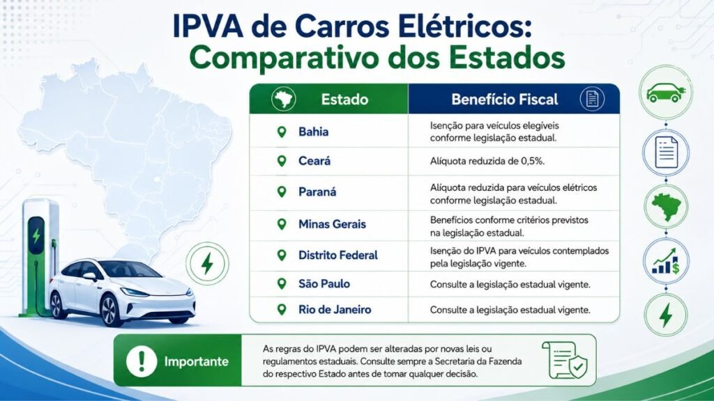 Infográfico com tabela intitulado "IPVA de Carros Elétricos: Comparativo dos Estados". A imagem apresenta o mapa do Brasil e uma tabela destacando a Bahia com isenção para veículos elegíveis, além de outros estados como Ceará, Paraná, Minas Gerais, Distrito Federal, São Paulo e Rio de Janeiro, evidenciando as vantagens do IPVA Carro Elétrico Bahia.