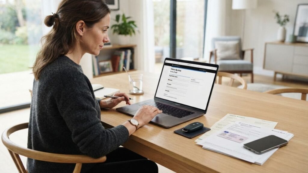 Fotografia de perfil de uma mulher sentada à mesa de jantar de casa usando um notebook para preencher um formulário online. Sobre a mesa, estão dispostos a chave do carro, documentos, smartphone e óculos, exemplificando o processo de pedido do IPVA Carro Elétrico Bahia.