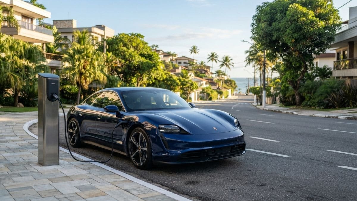 Fotografia de um Porsche Taycan azul-marinho estacionado em uma rua de bairro nobre litorâneo, conectado a um totem de recarga na calçada. Ao fundo, uma ladeira arborizada leva em direção ao mar com coqueiros, ilustrando a mobilidade sustentável e os benefícios do IPVA Carro Elétrico Bahia.