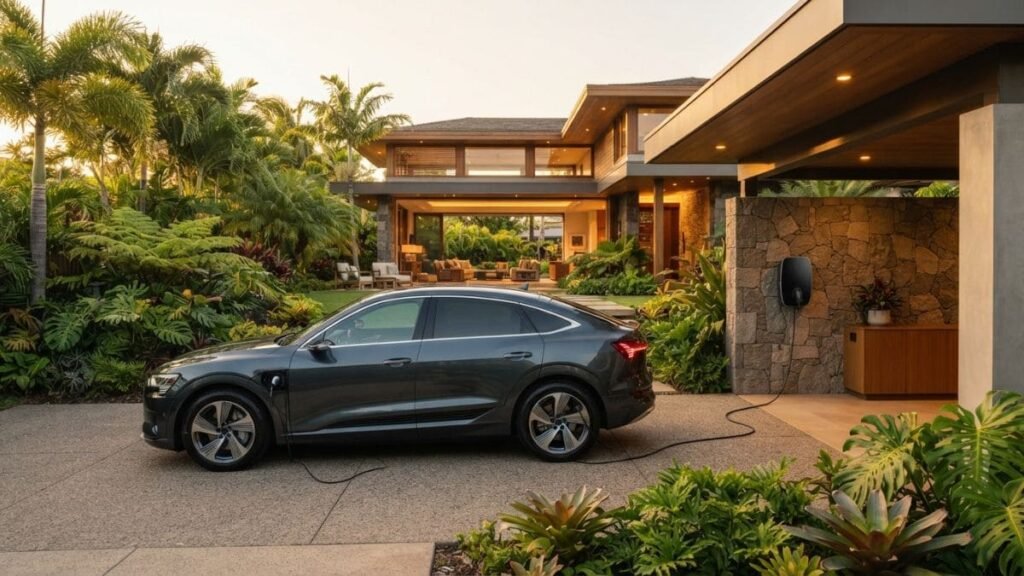 Fotografia de perfil de um SUV elétrico Audi e-tron cinza estacionado no pátio de uma casa moderna de alto padrão. O veículo está conectado a um carregador de parede fixado em um muro de pedras decorativas, cercado por paisagismo tropical com palmeiras e folhagens, exemplificando a mobilidade sustentável associada ao IPVA Carro Elétrico Bahia.