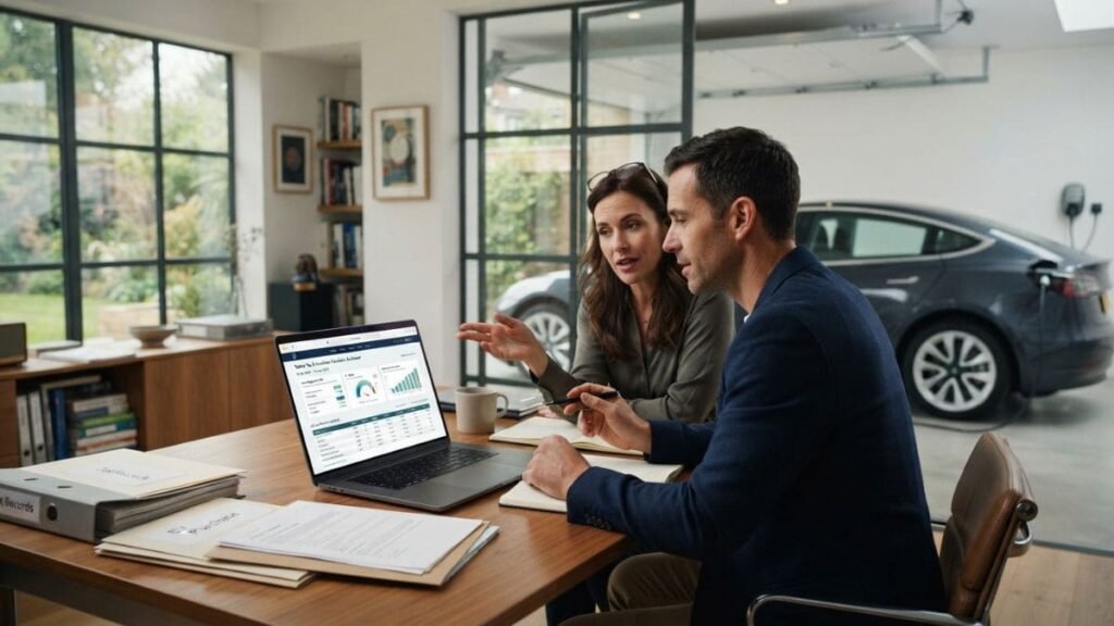 Fotografia de um casal sentado à mesa de escritório analisando gráficos financeiros e planilhas em um notebook aberto. Ao fundo, por trás de uma divisória de vidro, vê-se um carro elétrico cinza estacionado na garagem interna, simbolizando a organização para o pagamento do IPVA Carro Elétrico Ceará.