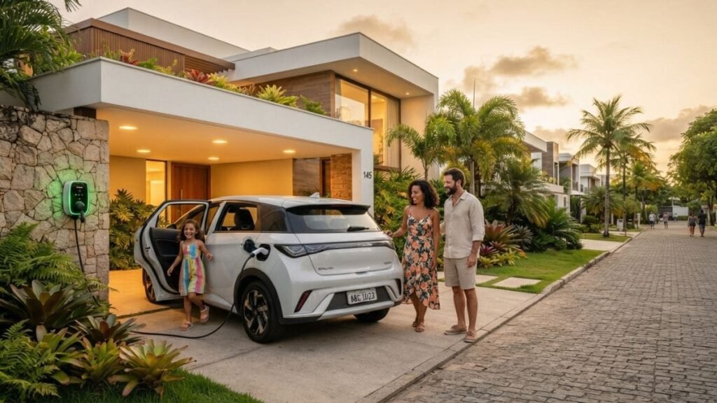 Fotografia de uma família em frente a uma casa moderna de alto padrão enquanto um carro elétrico BYD Dolphin branco carrega na garagem. Uma menina sai sorrindo do veículo, e um casal conversa perto do porta-malas, ilustrando a praticidade no dia a dia associada ao IPVA Carro Elétrico Ceará.