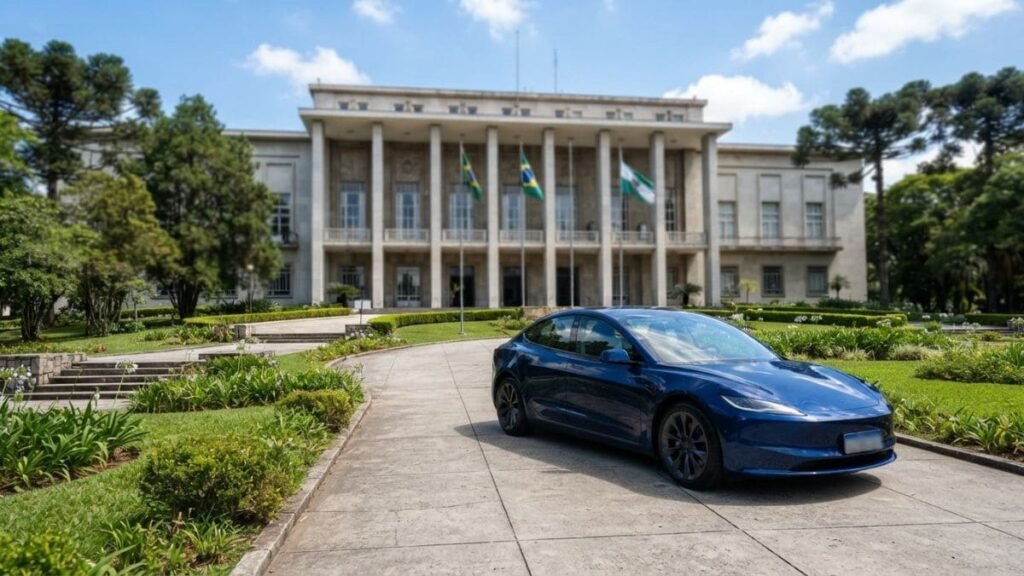 Fotografia de um sedã elétrico Tesla Model 3 azul posicionado na rampa de acesso ao Palácio Iguaçu, em Curitiba. Ao fundo, ergue-se o edifício-sede do governo estadual com suas colunas clássicas e bandeiras oficiais hasteadas, simbolizando a regulamentação do IPVA Carro Elétrico Paraná.