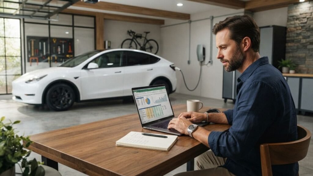 Fotografia de perfil de um homem sentado à mesa de madeira de uma garagem residencial organizada, trabalhando em um notebook que exibe gráficos de planilhas. Ao fundo, um carro elétrico Tesla Model Y branco está estacionado e conectado a um carregador de parede, ilustrando a organização para calcular os custos do IPVA Carro Elétrico Paraná.