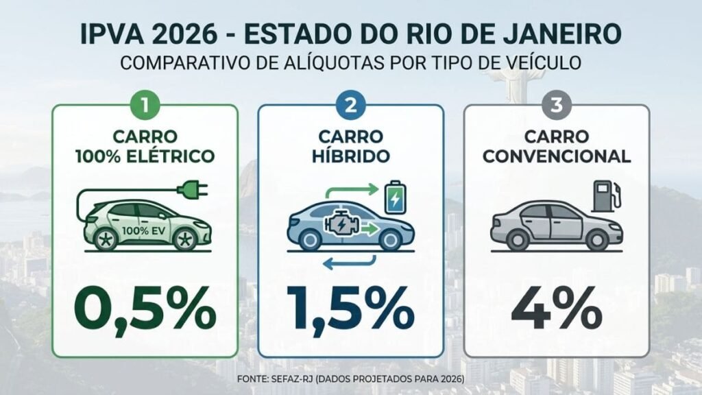 Infográfico comparativo sobre o IPVA carro eletrico RJ mostrando três colunas com diferentes alíquotas: Carro 100% Elétrico com 0,5%, Carro Híbrido com 1,5% e Carro Convencional com 4%. Cada coluna traz ilustrações dos respectivos tipos de veículos.
