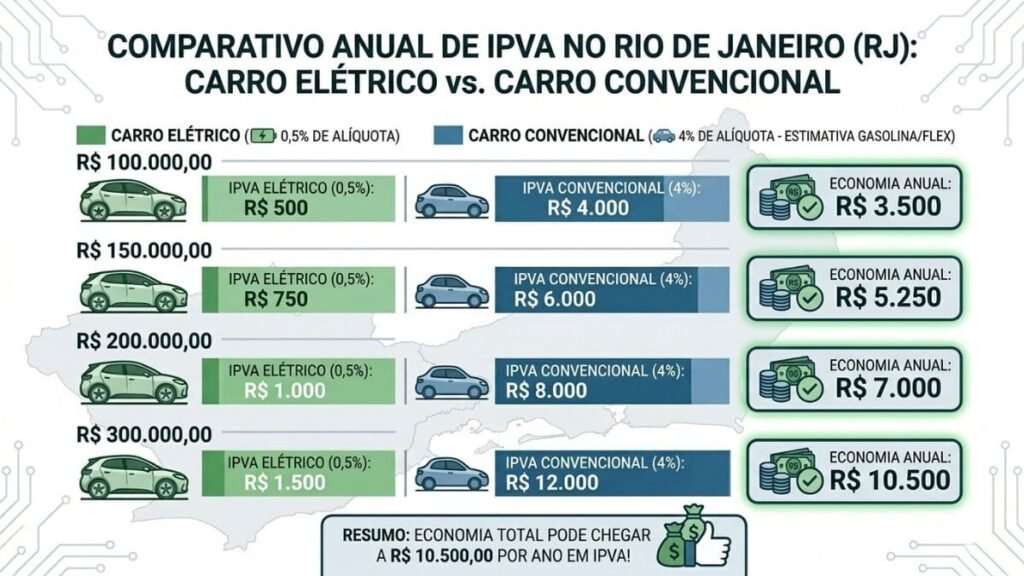 Gráfico comparativo de valores do IPVA carro eletrico RJ versus carro convencional para diferentes faixas de preço de veículos (100 mil, 150 mil, 200 mil e 300 mil reais). O infográfico detalha a alíquota de 0,5% para elétricos e 4% para convencionais, destacando a economia anual gerada em cada categoria.