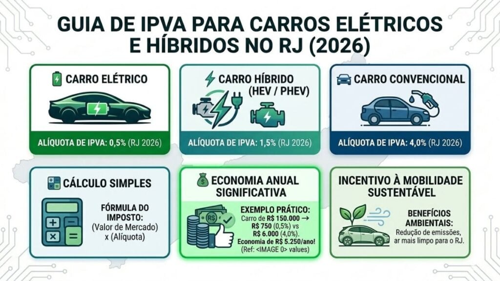 Infográfico explicativo sobre as regras do IPVA carro eletrico RJ em 2026. Apresenta seis blocos com dados sobre alíquotas para carros elétricos (0,5%), híbridos (1,5%) e convencionais (4,0%), além de informações sobre a fórmula de cálculo simples, economia anual gerada e incentivo à mobilidade sustentável.