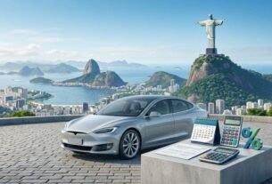 Imagem promocional sobre o IPVA carro eletrico RJ, exibindo um carro elétrico prateado estacionado em um mirante com vista para o Cristo Redentor e o Pão de Açúcar. Em primeiro plano, uma bancada de concreto apoia um calendário, calculadoras e um símbolo de porcentagem.
