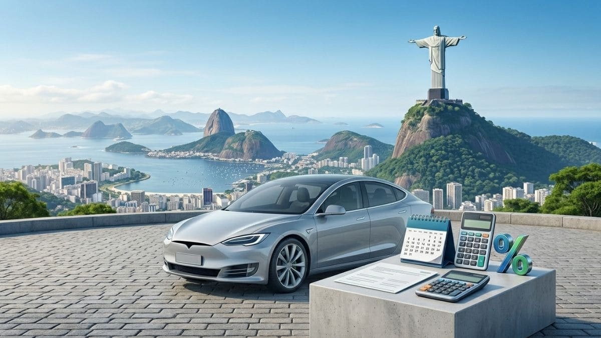 Imagem promocional sobre o IPVA carro eletrico RJ, exibindo um carro elétrico prateado estacionado em um mirante com vista para o Cristo Redentor e o Pão de Açúcar. Em primeiro plano, uma bancada de concreto apoia um calendário, calculadoras e um símbolo de porcentagem.