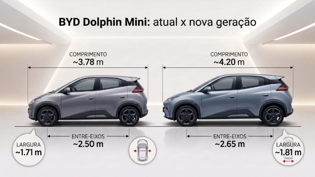 BYD Dolphin Mini atual e nova geração comparados em tamanho