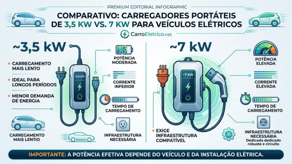 Comparação entre carregador portátil para carro elétrico de 3,5 kW e 7 kW