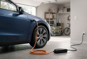 Carregador portátil para carro elétrico conectado em garagem residencial