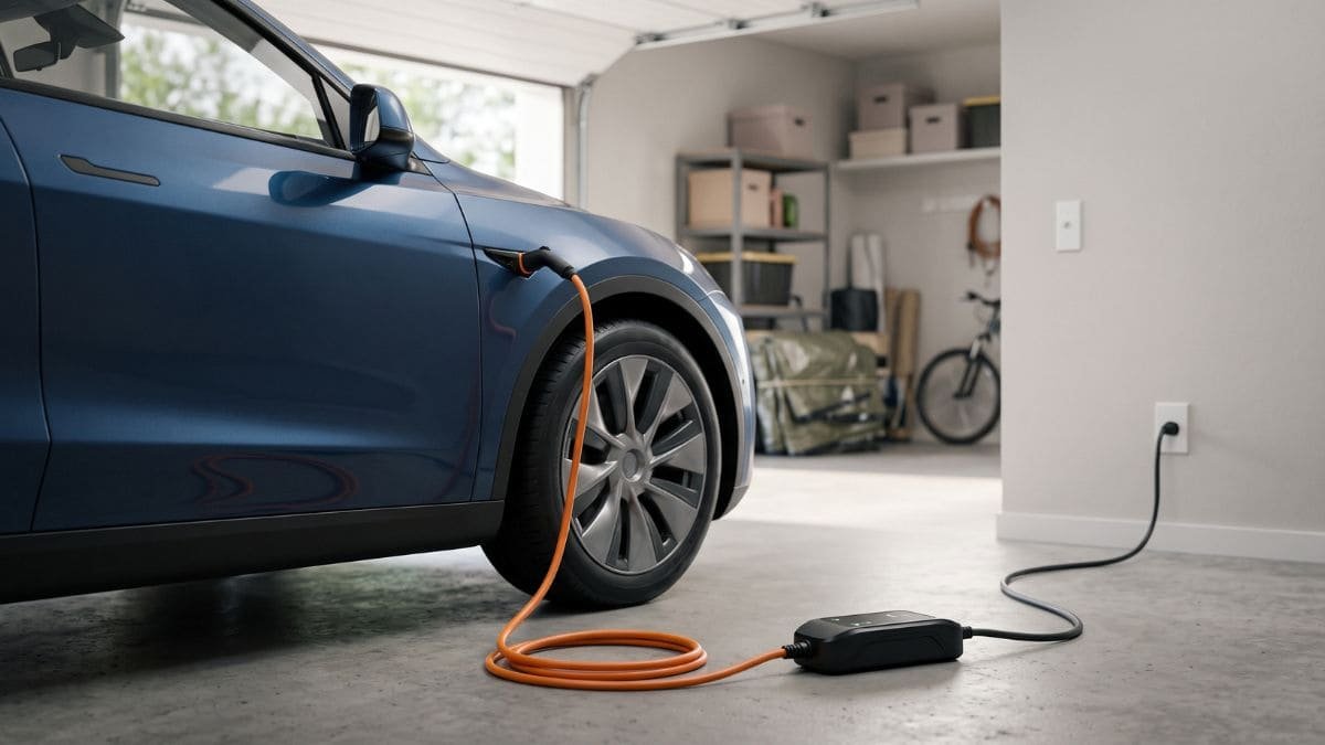 Carregador portátil para carro elétrico conectado em garagem residencial