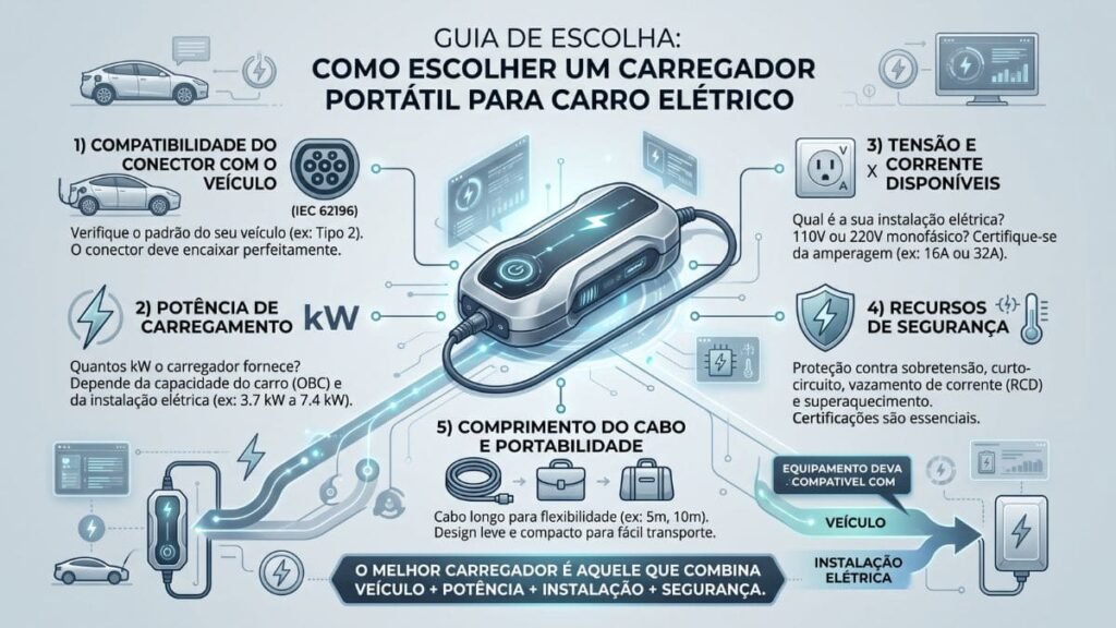 Como escolher um carregador portátil para carro elétrico considerando potência, conector e segurança