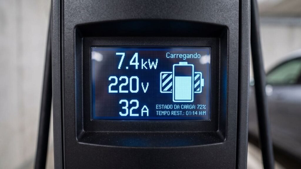 Painel digital de Wallbox mostrando potência de recarga de 7,4 kW e 32 amperes.