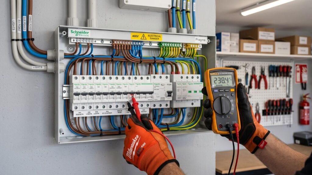Quadro de distribuição elétrica dedicado com disjuntor, DR Tipo A e DPS para instalação de Wallbox.