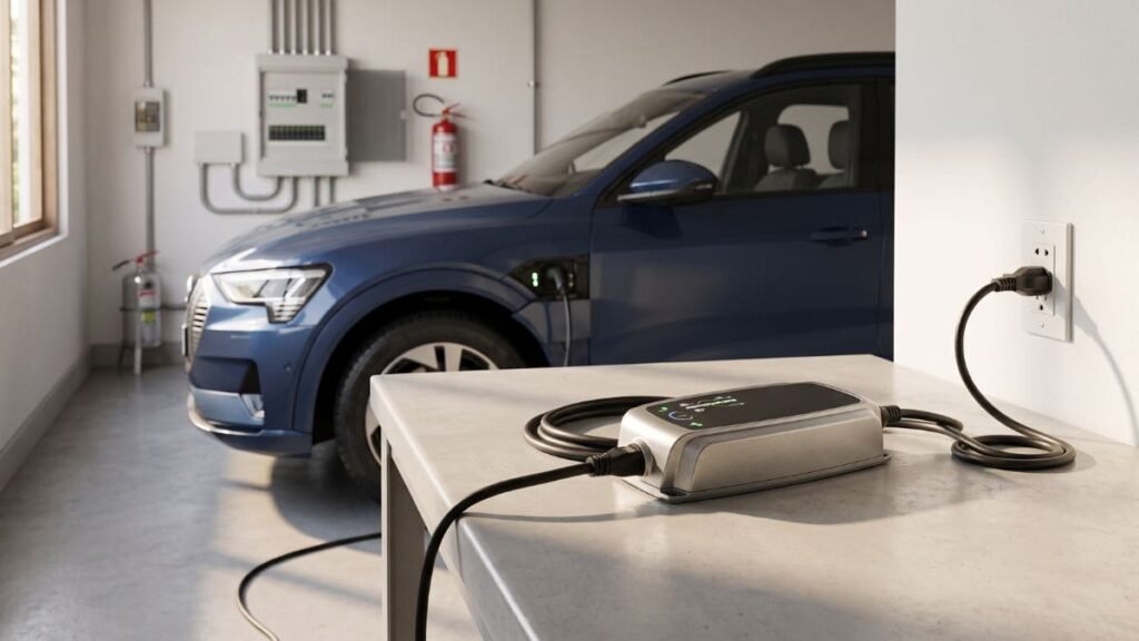 Carregador portátil para carro elétrico com unidade de controle em garagem residencial