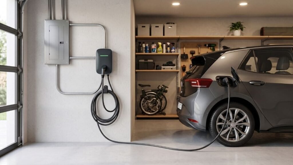 Carro elétrico conectado com segurança a wallbox em garagem residencial