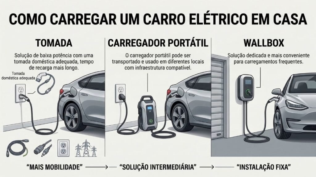 Comparação entre tomada, carregador portátil e wallbox para carro elétrico