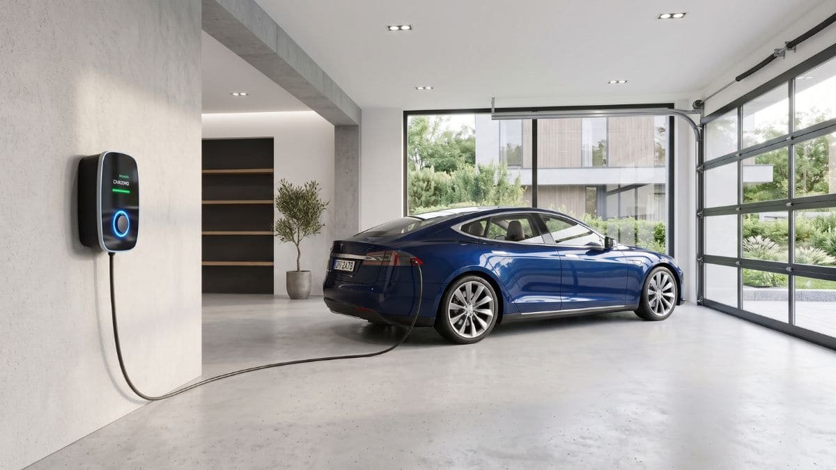Wallbox para carro elétrico instalado em garagem residencial limpa e conectada a veículo.