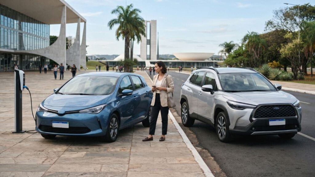 Carro elétrico e carro híbrido estacionados em Brasília