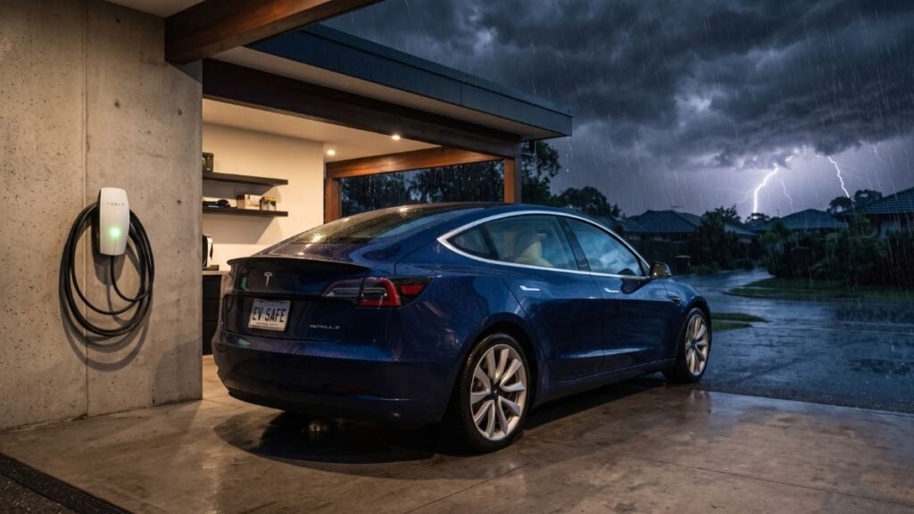 Carro elétrico desconectado durante tempestade com raios e chuva intensa