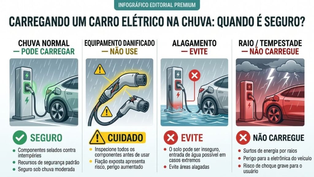 Infográfico mostra quando é seguro carregar carro elétrico na chuva e quais situações evitar